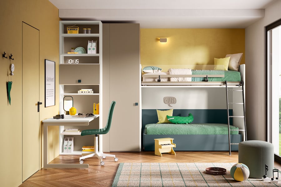 Cameretta a soppalco con cabina armadio e fianco libreria