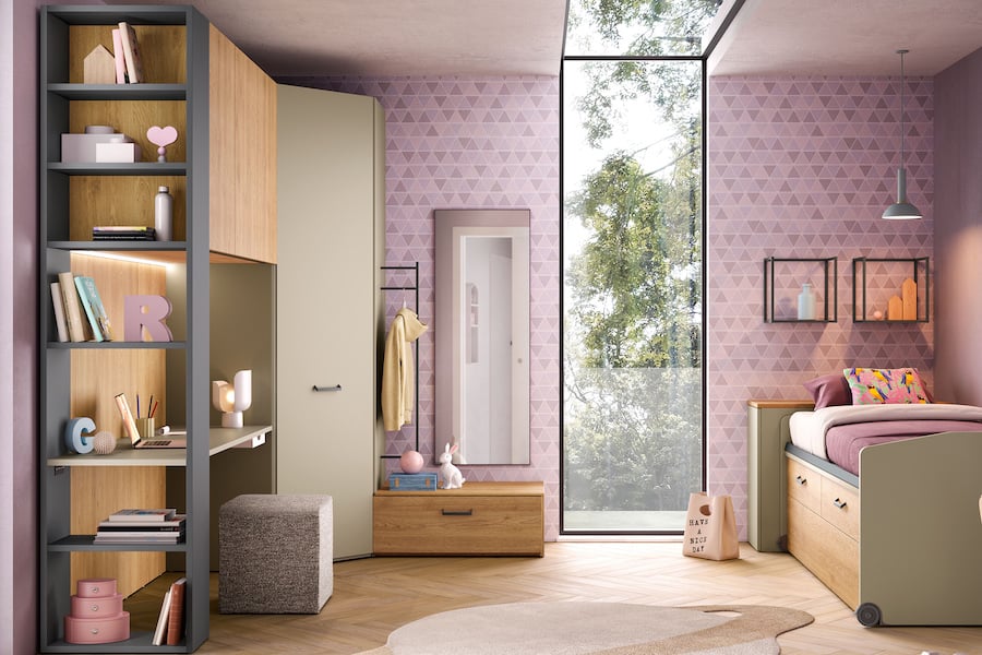 Cameretta K122 con armadio a ponte angolare e libreria