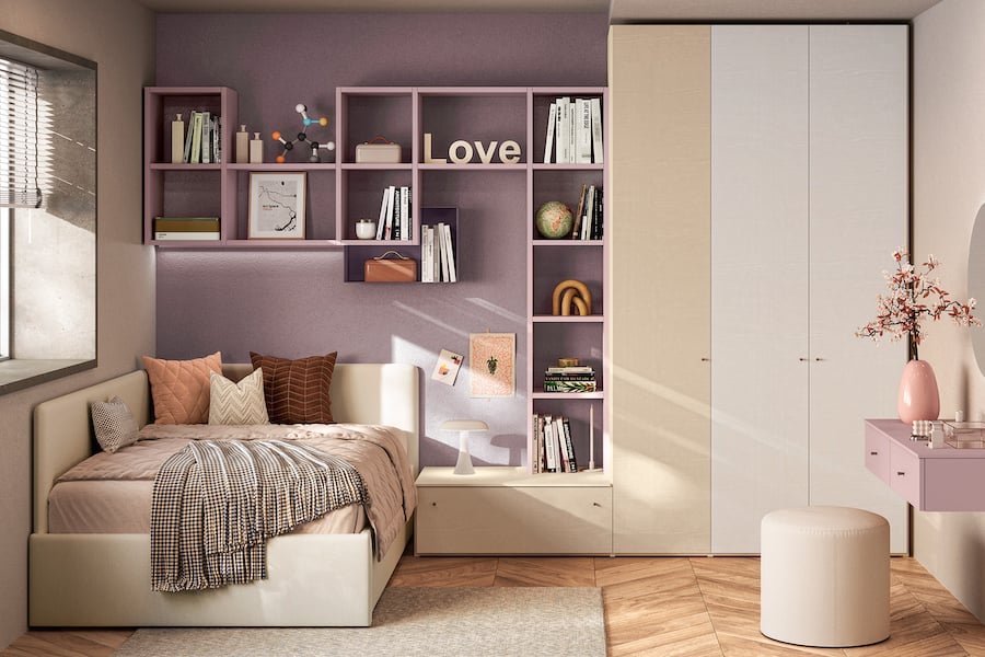 Cameretta Y117 con libreria a ponte e divano letto