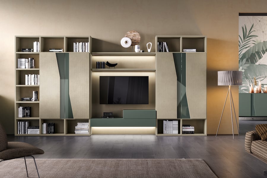 Libreria moderna a parete con mobile tv sospeso