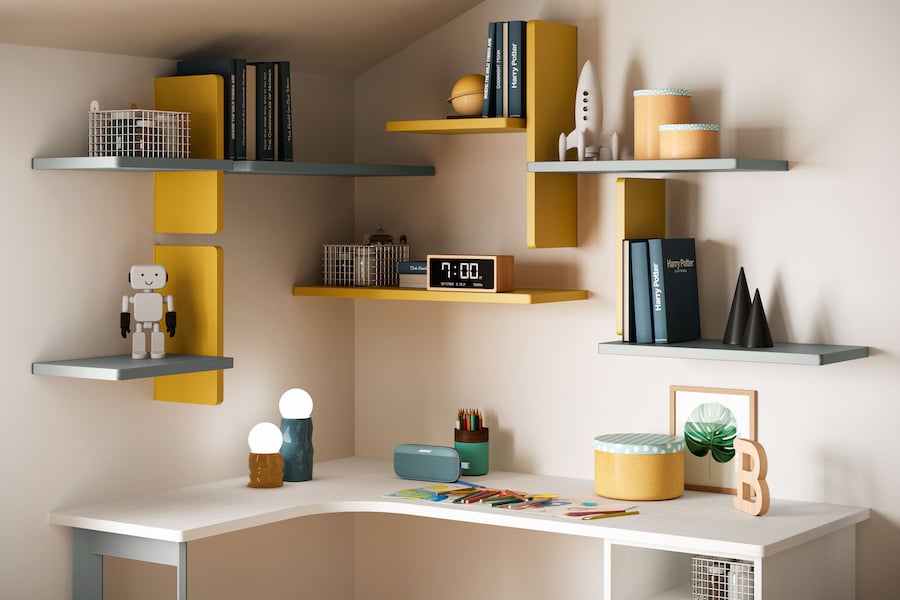 K109, scrivania ad angolo con libreria a mensole componibili