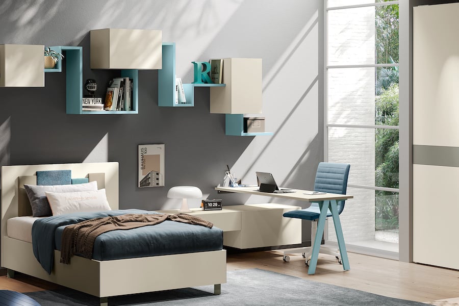 Y118, scrivania a penisola con libreria a ponte